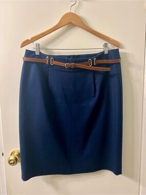 Navy Pencil Skirt with Brown Belt size 14